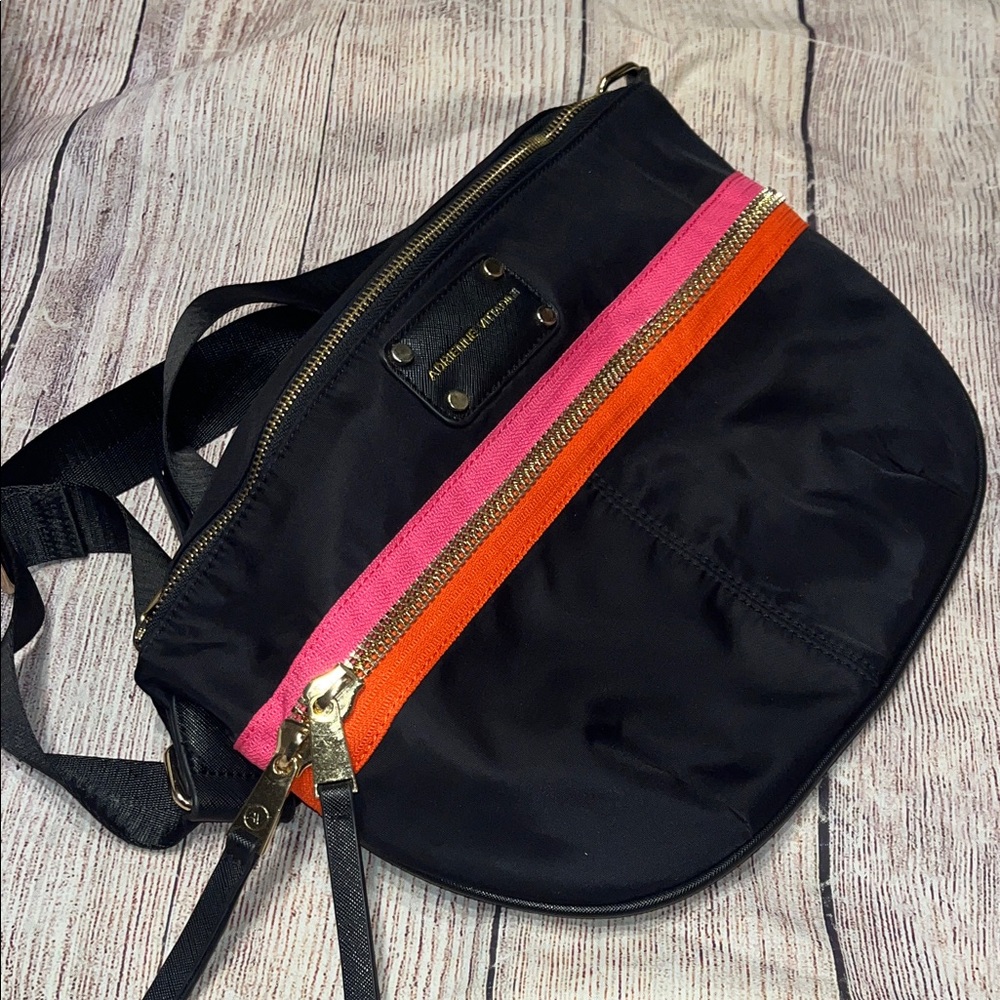 Adrienne Vittadini Black Crossbody Bag with Pink and Orange Stripes